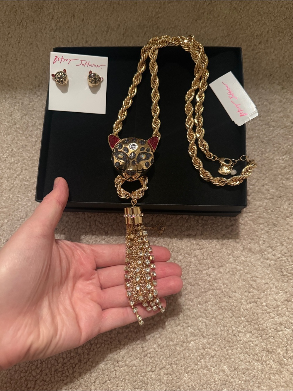 Betsey Johnson Gold Leopard with Crystal Accents set - necklace and earrings